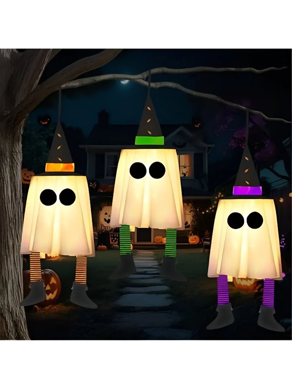 23.6'' 3PCS Halloween Hanging Ghosts Decorations Outdoor, Witch Hats